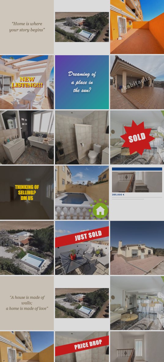 An agency Instagram feed posted by hand: mismatched photos, stock quote cards and red SOLD stickers